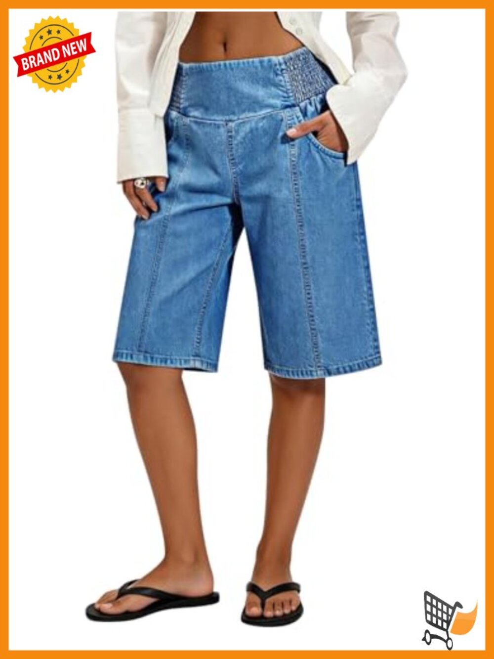 High Rise Bermuda Jean Shorts Pull On Elastic Waisted Denim Jorts